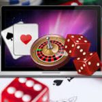 Laptop screen displays a roulette wheel, playing cards, and red dice—symbolizing online gambling.