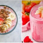 Two pink smoothies side by side: left topped with banana slices and granola, right with strawberry garnish and a straw.