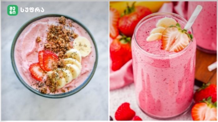 Two pink smoothies side by side: left topped with banana slices and granola, right with strawberry garnish and a straw.