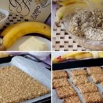 Collage showing banana oat bars: ingredients (oats, butter, honey, bananas) and steps— oats mixture stirred, spread on baking tray, then cut into small bars.