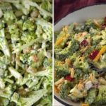 Two-panel image of broccoli salad: left shows chopped broccoli with dressing, right shows the same salad plated with corn, cranberries, and cheese.