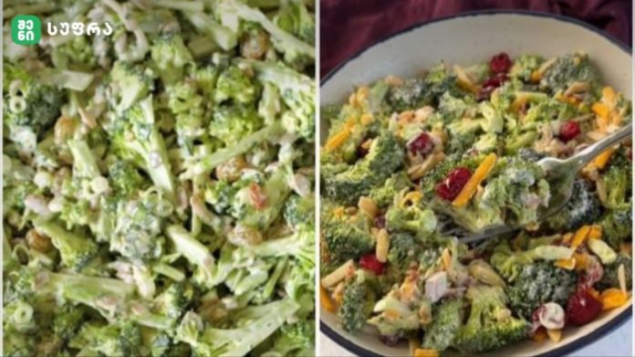 Two-panel image of broccoli salad: left shows chopped broccoli with dressing, right shows the same salad plated with corn, cranberries, and cheese.