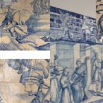Blue-tinted ceramic tile mural collage showing historical scenes with people in period clothing across multiple panels, with a red logo in the top-left corner.