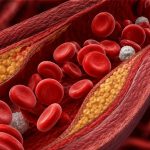 Cross-section of an artery with yellow fatty plaque and red blood cells, illustrating atherosclerosis in a blood vessel.