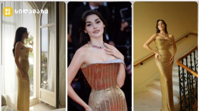 Triptych of a woman in a gold sequined strapless gown posing in three settings: by a sunlit window, on a red carpet, and on a staircase,” describing a fashion photoshoot vibe.
