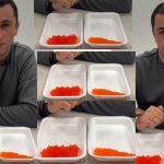 Man sits at a table with two white containers filled with orange fish roe; collage of frames from a video.