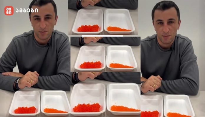 Man sits at a table with two white containers filled with orange fish roe; collage of frames from a video.
