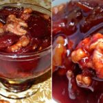 Two-panel photo showing plum compote with walnuts in a glass bowl on a patterned table, and a close-up of glossy red jam with walnuts.