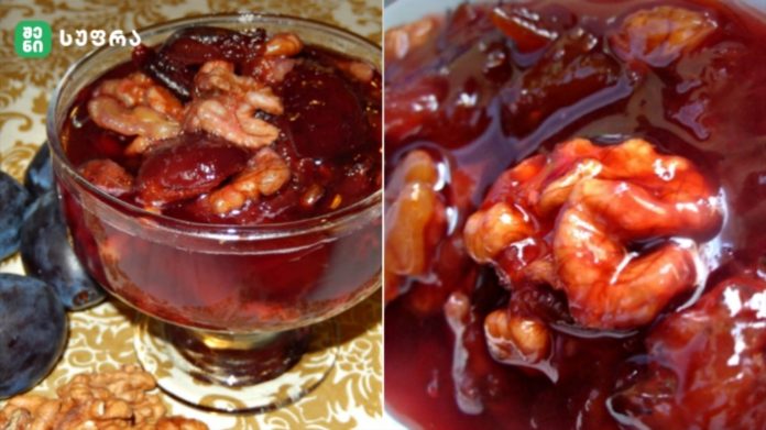 Two-panel photo showing plum compote with walnuts in a glass bowl on a patterned table, and a close-up of glossy red jam with walnuts.