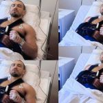 Man in a hospital bed with telemetry leads attached to his chest, wearing a blue hospital gown and wristband; collage of four angles of the same scene.