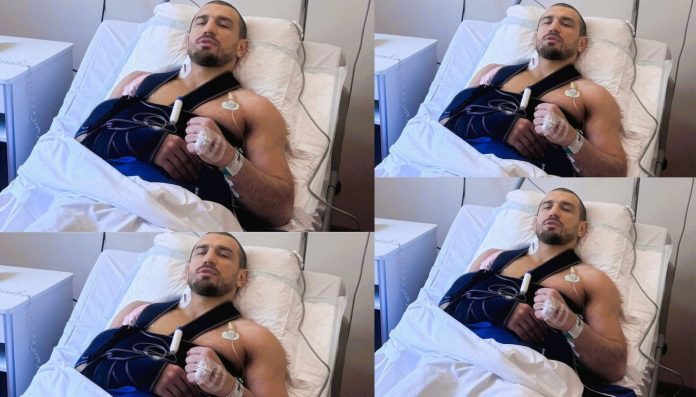 Man in a hospital bed with telemetry leads attached to his chest, wearing a blue hospital gown and wristband; collage of four angles of the same scene.