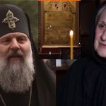Split-screen scene with a bearded Orthodox priest in black robes and cross beside an elderly woman in a black headscarf, a framed religious manuscript between them and a lit candle in front of it.