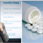 Two-panel image: a man in a suit speaking into a microphone during a medicine presentation (logo in corner); on the right, an open pill bottle spilling white tablets on a blue surface.