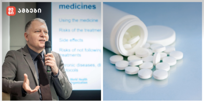 Two-panel image: a man in a suit speaking into a microphone during a medicine presentation (logo in corner); on the right, an open pill bottle spilling white tablets on a blue surface.