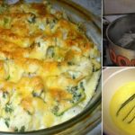 Cheesy broccoli casserole baked in a glass dish, with step-by-step prep shots: draining ingredients and whisking a pale yellow sauce in a bowl.
