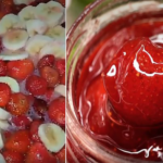 Split image: left side fresh sliced bananas with whole strawberries; right side thick strawberry jam being stirred in a jar.