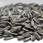 Pile of black striped sunflower seeds on a white surface, arranged in a mound.