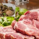 Raw pork chops on a wooden cutting board with green herbs; inset shows a cooked meat dish with chunks of meat and vegetables.