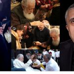 Collage showing an elderly bearded man blessing or greeting people in various settings, with a close-up portrait of a man on the right.