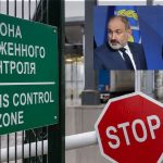 Green 'Customs Control Zone' sign beside a barrier and a red STOP sign; inset shows two men in suits against a blue background.