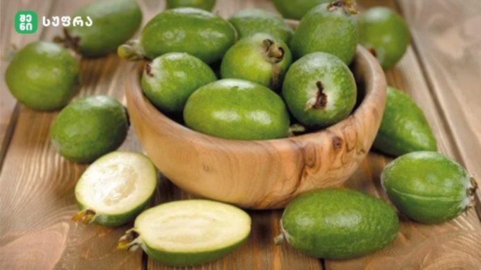 Green feijoa fruits in a wooden bowl on a rustic wooden table, one cut open to show pale flesh inside.