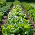 Rows of lettuce plants growing in neat rows on a farm field under bright sunlight
