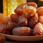 Plate of glossy brown dates piled on a shallow bowl, warm ambient lighting in the background, logo in the top-left corner.