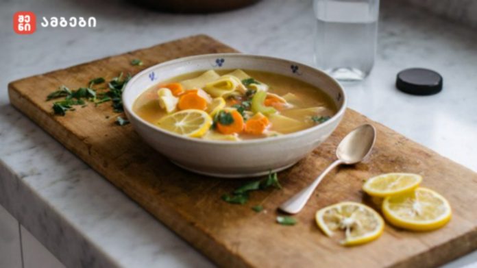 Bowl of lemon chicken soup with carrots and pasta on a wooden cutting board, with lemon wedges and a spoon nearby.