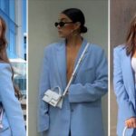 Triptych of three women in light-blue suits: left holding a bouquet with a pink handbag, center wearing an oversized blazer with a white crossbody bag and sunglasses, right in a matching blazer with a white top and round sunglasses.