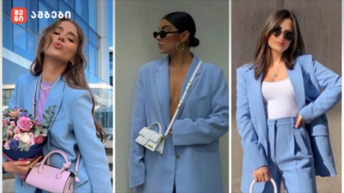 Triptych of three women in light-blue suits: left holding a bouquet with a pink handbag, center wearing an oversized blazer with a white crossbody bag and sunglasses, right in a matching blazer with a white top and round sunglasses.