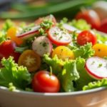 Bowl of fresh garden salad with lettuce, cherry tomatoes, radish slices, and yellow tomatoes on a wooden table, with a logo in the top-left corner.