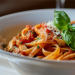 Bowl of spaghetti with tomato sauce, grated cheese, and fresh basil on a white plate.