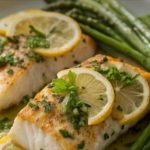 Baked white fish fillets with lemon slices and chopped parsley, served with steamed green beans on a plate with a light sauce