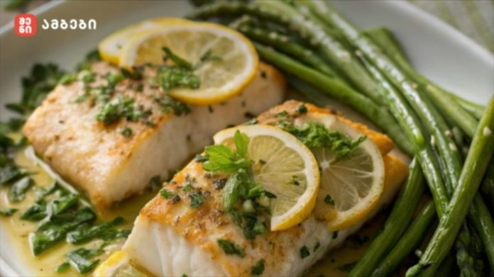 Baked white fish fillets with lemon slices and chopped parsley, served with steamed green beans on a plate with a light sauce