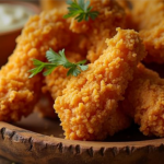Crispy breaded fried chicken tenders on a wooden platter with a parsley garnish and a dipping sauce in the background.