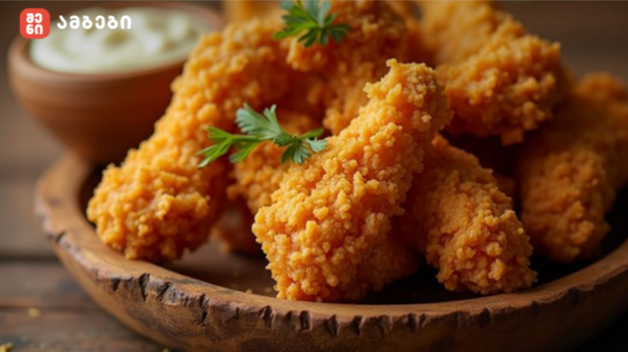 Crispy breaded fried chicken tenders on a wooden platter with a parsley garnish and a dipping sauce in the background.