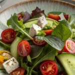 Fresh mixed green salad with cherry tomatoes, cucumber slices, and feta cheese on a plate; logo in the top-left corner.