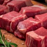 Raw beef cubes with marbling on a wooden cutting board, garnished with rosemary sprigs.