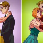 Two-panel cartoon of couples dancing: left, a woman in a yellow gown and a man in a black suit; right, a red-haired woman in teal with a brown sweatered man.