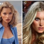 Two side-by-side portraits of blonde women with wavy hair: left in a blue striped outfit on a sandy background, right in a studio setting with glamorous makeup.