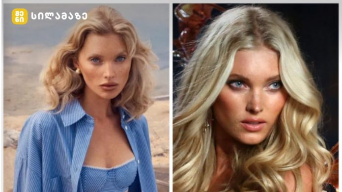 Two side-by-side portraits of blonde women with wavy hair: left in a blue striped outfit on a sandy background, right in a studio setting with glamorous makeup.