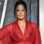 Woman wearing a sheer red dress posing on a red carpet at a formal event, dark hair pulled back and subtle makeup.