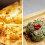 Two-panel image: left shows a cheesy, browned pizza slice; right shows green herb falafel balls topped with red pomegranate seeds on a plate with a side of fries.