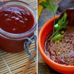 Two-panel image: left shows a jar of red plum jam beside fresh plums on a bamboo mat; right shows a red bowl of plum sauce garnished with parsley and sprinkled spices.
