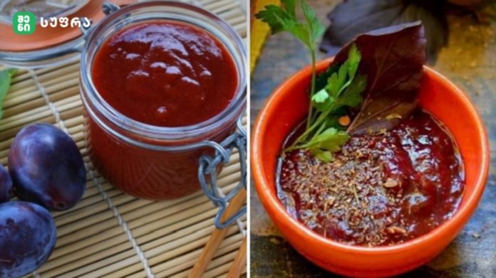 Two-panel image: left shows a jar of red plum jam beside fresh plums on a bamboo mat; right shows a red bowl of plum sauce garnished with parsley and sprinkled spices.