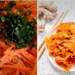 Collage of carrot noodle dishes: left close-up with parsley garnish, right plated carrot pasta with greens and chopsticks.