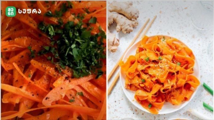 Collage of carrot noodle dishes: left close-up with parsley garnish, right plated carrot pasta with greens and chopsticks.