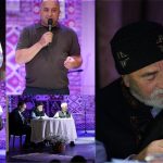 Collage from a stage event: speakers and performers in purple-lit scenes, one man in a vest with a microphone.