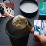 Collage of drug-related items: pills on a table, powder being poured into a cup, and a syringe being prepared by gloved hands against a dark background.