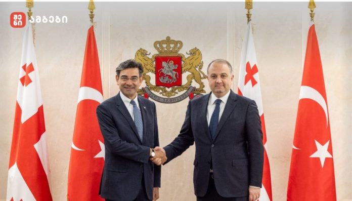 Two men in suits shake hands in a formal setting, with Georgian and Turkish flags and a crest behind them.